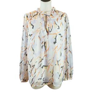 Joie Size Large Cream Abstract Floral Sheer Lined Ruffle Collar Top Blouse Boho